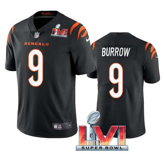 Men's Cincinnati Bengals #9 Joe Burrow 2022 Black Super Bowl LVI Vapor Limited Stitched Jersey Men's Cincinnati Bengals #9 Joe Burrow 2022 Black Super Bowl LVI Vapor Limited Stitched Jersey